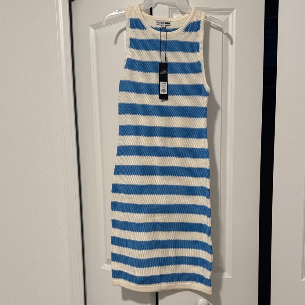 Fashion Nova Cream and Blue Striped Sleeveless Dress